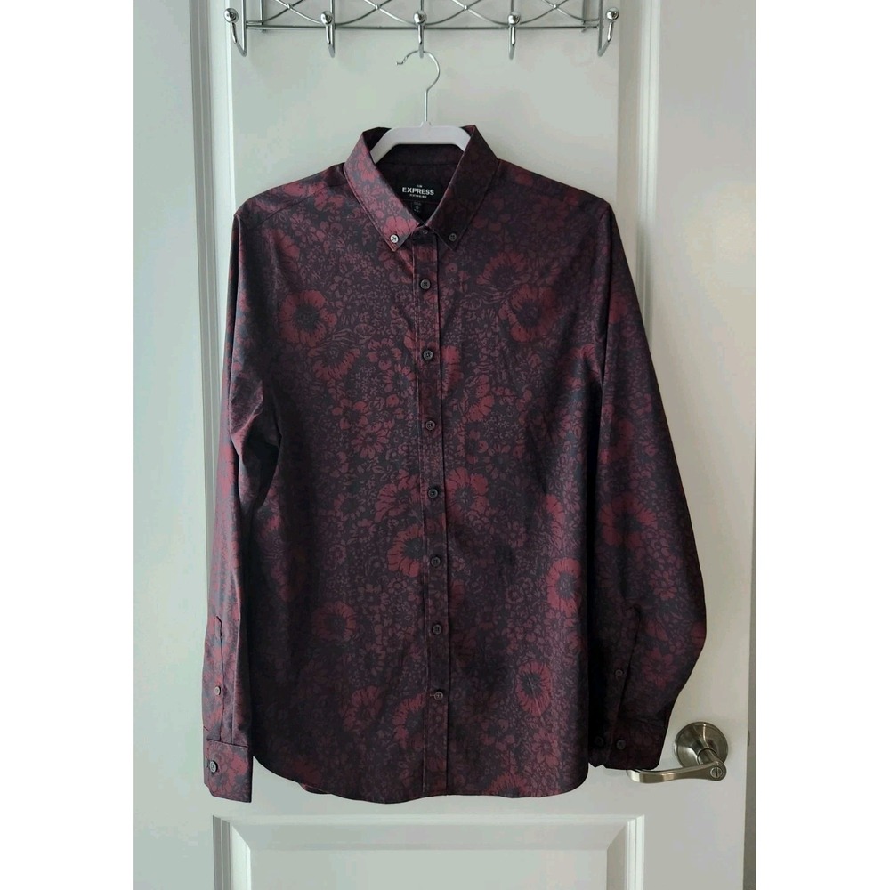 Express Men's Slim Performance Floral Burgundy Black Shirt Long Sleeve Size M